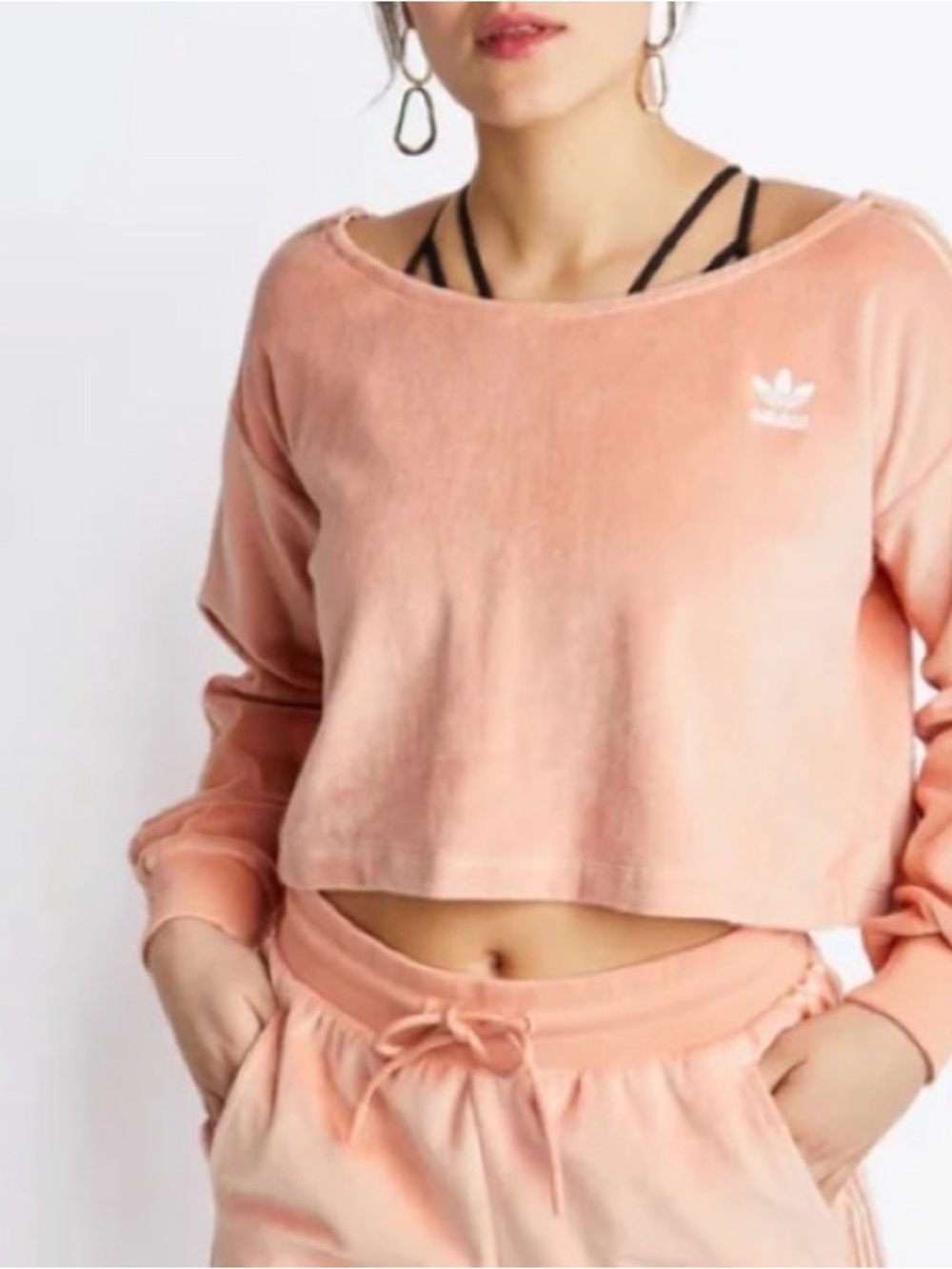 adidas Peach Velour Cropped Sweatshirt with Stripes - Women's